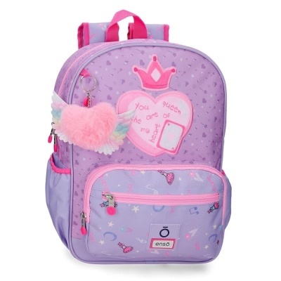 Mochila infantil lilás com coração rosa e asa de pelúcia