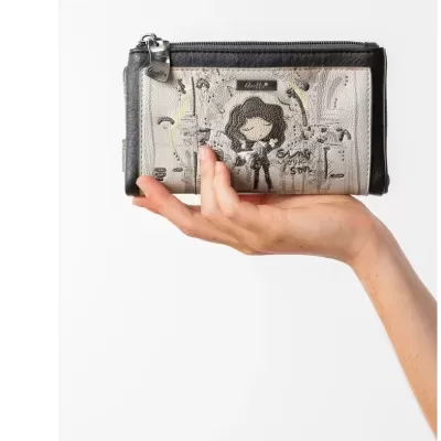 Carteira cinzenta com personagem feminina e fecho zip