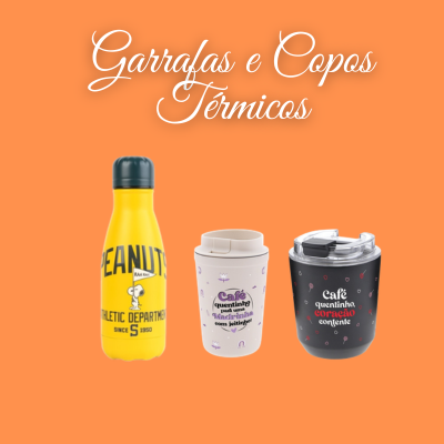 Três garrafas e copos térmicos com textos variados em fundo laranja