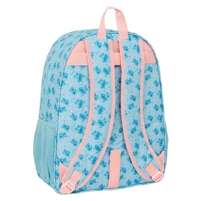 Mochila infantil azul clara com padrão de personagens e alças rosas