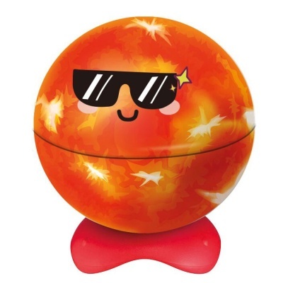 Caixa redonda colorida com rosto e óculos escuros