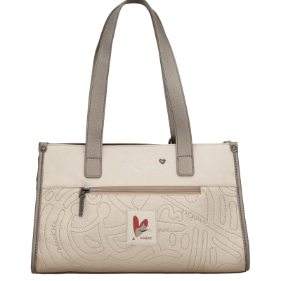 Mala de mão bege e cinza com textura granada e desenho abstrato