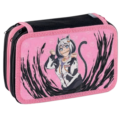 Estojo escolar rosa e preto com personagem anime de gato