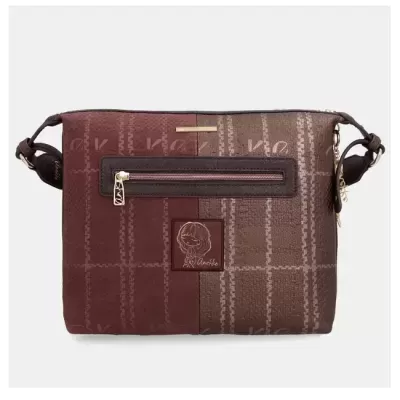 Mala de ombro castanha com padrão xadrez e bolso exterior