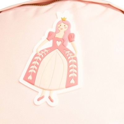 Mochila rosa com estampado de princesa em vestido rosa e bege com coroa amarela