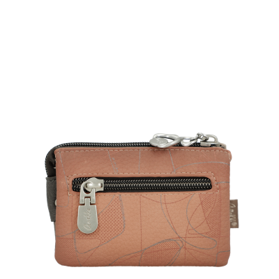 Carteira pequena cor de rosa com padrão abstrato e zíper metálico