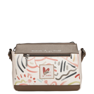 Mala de ombro castanha com padrão abstrato colorido e texto decorativo