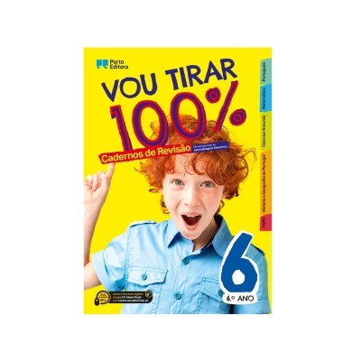 Capa de caderno amarelo com menino ruivo e texto Vou Tirar 100% 6.º ANO