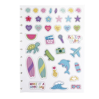 Folha de autocolantes coloridos com temas de verão e frases positivas