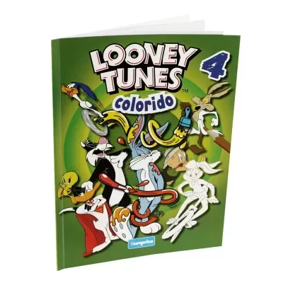 Caderno verde com personagens dos Looney Tunes e texto colorido
