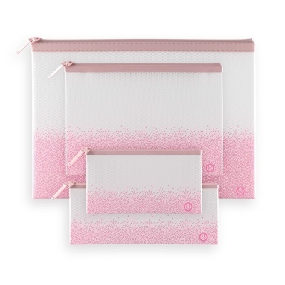Conjunto de quatro sacos de arrumação transparentes com padrão rosa e fecho de correr