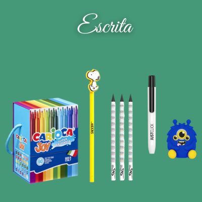 Material de escrita incluindo lápis de cor, lápis de desenho, caneta e apontador colorido
