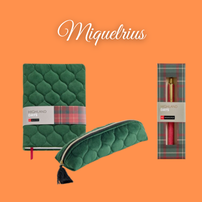 Agenda, estojo e caneta da coleção Highland Days da Miquelrius