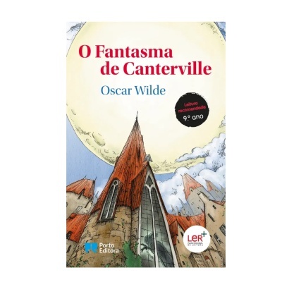 Capa do livro O Fantasma de Canterville com igreja e lua grande
