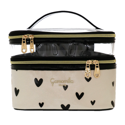 Bolsa de maquilhagem com tampa transparente e padrão de corações.