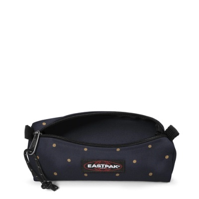 Estojo escolar azul escuro com bolinhas amarelas e fecho de correr, etiqueta EASTPAK
