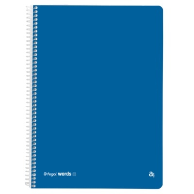 Caderno espiral de capa azul com texto branco