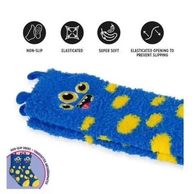 Meias antiderrapantes azuis com manchas amarelas e rosto de monstro