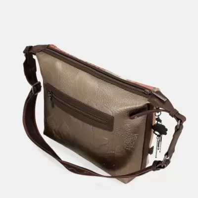 Mala tiracolo castanha com padrão floral e fecho de correr