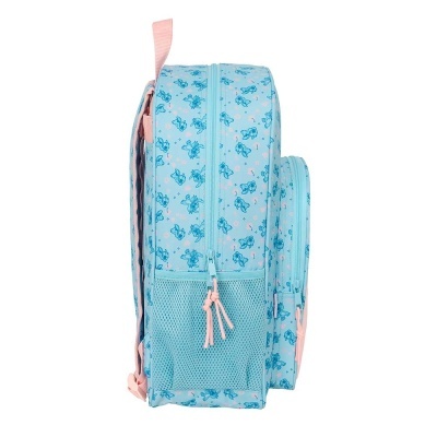 Mochila infantil azul clara com padrão e bolso lateral em rede