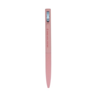 Caneta rosa com clip azul claro e texto UNLOCK YOUR IDEAS