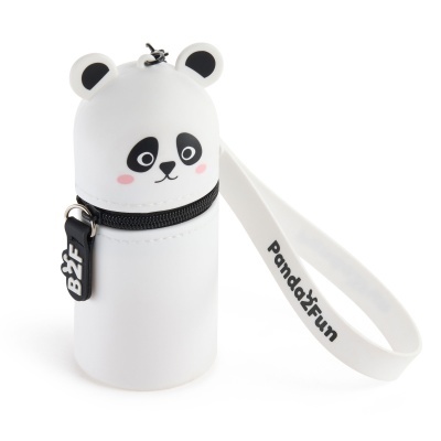 Estojo redondo branco com rosto de panda e fecho preto