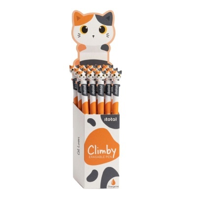 Canetas apagáveis itotal modelo Clímby com cabeça de gato em embalagem decorada em branco, laranja e cinza