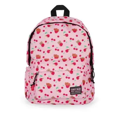 Mochila rosa com padrão de ursos e cerejas e etiqueta na frente