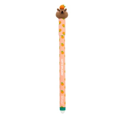 Pega de silicone rosa com padrão de laranjas e personagem de urso no topo