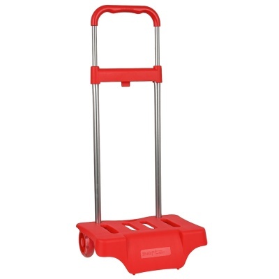 Carrinho portátil vermelho com base plástica e estrutura metálica