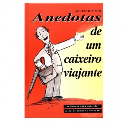 Capa de livro vermelho e amarelo com ilustração de homem e texto 'Anedotas de um caixeiro viajante'