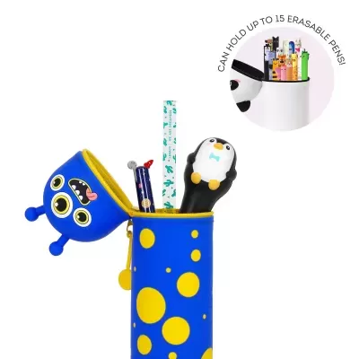 Estojo azul com cabeça de monstro e círculos amarelos aberto com material escolar dentro