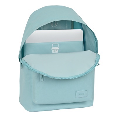 Mochila azul clara aberta com laptop dentro e ícones indicativos no interior.