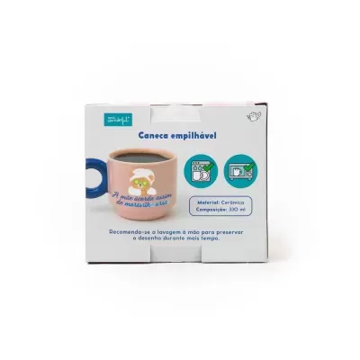 Caixa embalagem de caneca empilhável com design de urso e texto em português.