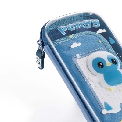 Estojo escolar azul com fecho, personagem pinguim azul e texto Pengy