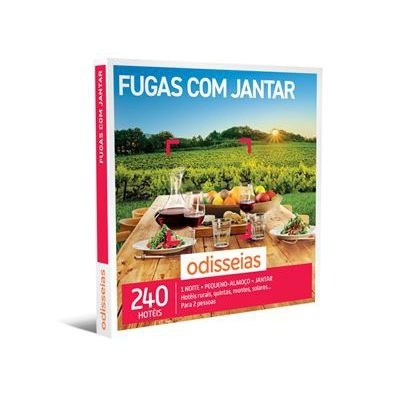 Caixa do produto Fugas com Jantar da Odisseias com imagem de refeição numa mesa ao ar livre e vinha ao fundo.