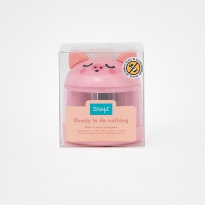 Apontador elétrico rosa formato porquinho embalagem transparente