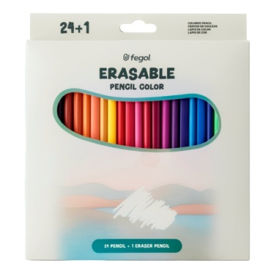 Caixa branca de lápis de cor apagáveis Fegol com 24 lápis coloridos e 1 lápis borracha