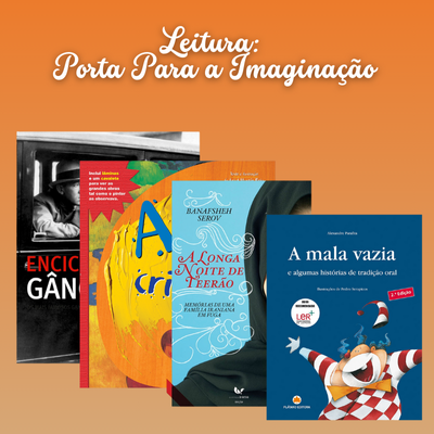 Quatro livros sobre fundo laranja com texto sobre leitura e títulos visíveis.