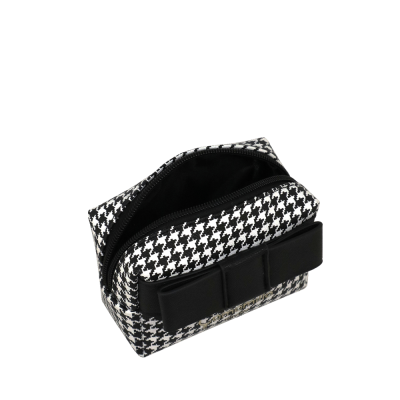 Estojo quadrado pied-de-poule preto e branco com fecho e laço preto