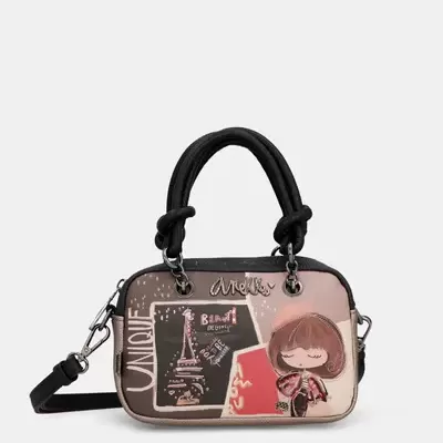 Mala colorida pequena com alças pretas e estampas de personagem e Torre Eiffel