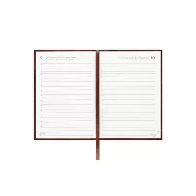 Agenda aberta com páginas brancas e linhas para escrita, capa vermelha e marcador de fita