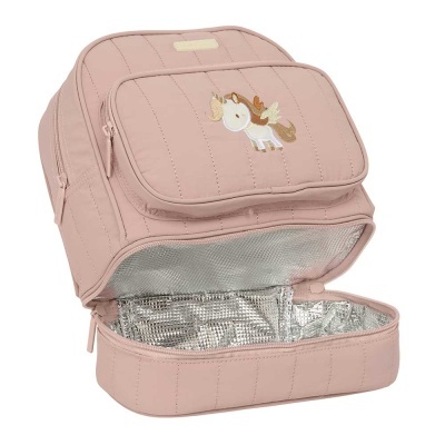 Mochila rosa acolchoada com unicórnio bordado e compartimento térmico aberto