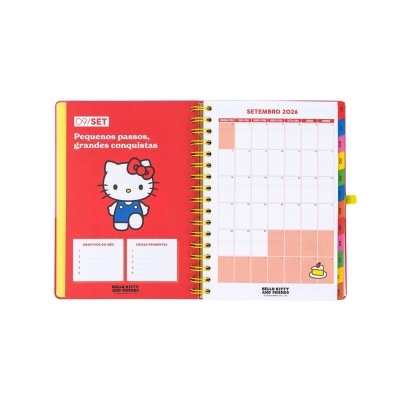 Agenda aberta mês setembro 2026 com Hello Kitty e divisórias coloridas