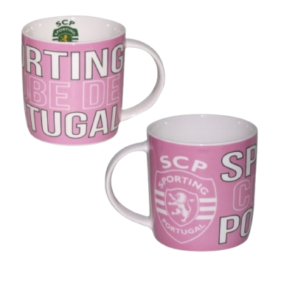 Duas canecas de cerâmica rosa com texto e emblema do Sporting Portugal