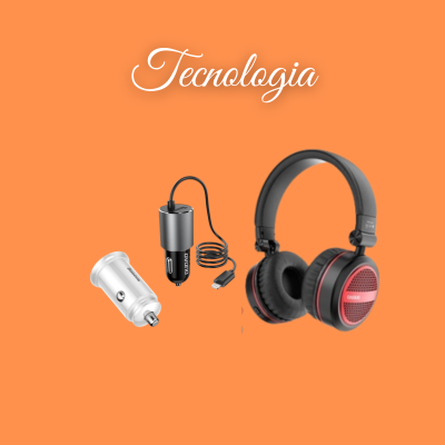 Fones de ouvido pretos e vermelhos e carregadores em fundo laranja