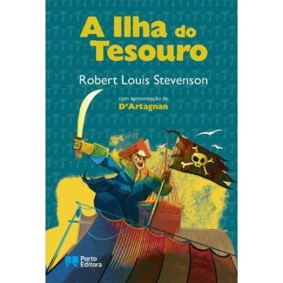 Capa do livro A Ilha do Tesouro com ilustração de pirata e bandeira de caveira