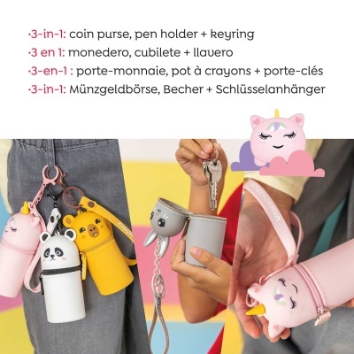 Carteiras para moedas em formato de animais coloridas com porta-chaves e detalhe de unicórnio.