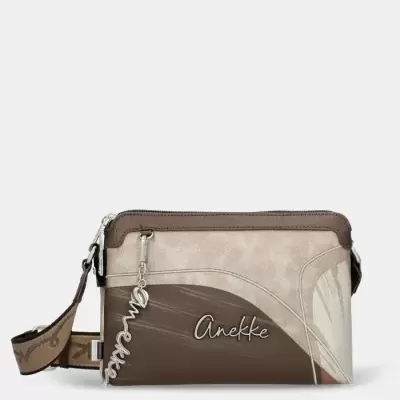 Mala tiracolo castanha e bege com padrão abstrato e pendente metálico Anekke