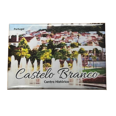 Imã com imagem do centro histórico de Castelo Branco com texto